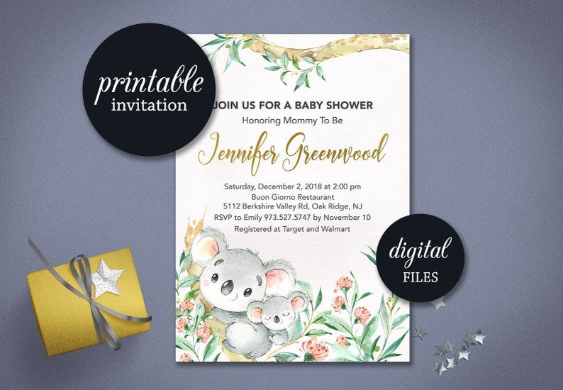 Koala Baby Shower Invitation Printable Koala Invite Green Pink Etsy Koala Baby Shower Invitation Printable Koala Invite Green Pink Etsy