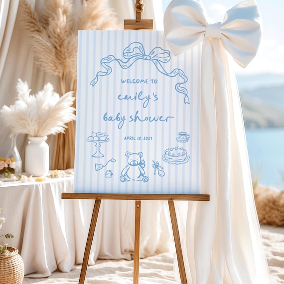 Tea Party Welcome Sign Boy Baby Shower Sign Blue Teddy Bear Bow