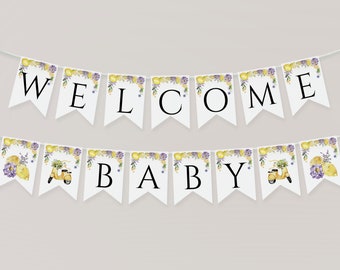 Lemons baby shower banner Editable Garland Bunting flags Template, Purple floral lavender Girl baby sprinkle Citrus baby shower decoration