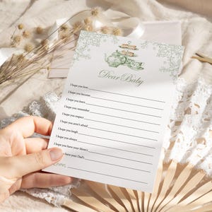 Tarjeta de deseos para bebé Fiesta de té Baby Shower Juegos Chinoiserie floral vintage, deseos de baby shower de toile verde salvia para tarjeta de bebé
