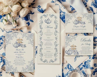 Invito per baby shower con festa del tè in stile Chinoiserie, invito in toile floreale blu polvere e modello di menu modificabile