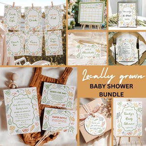 Locally grown baby shower Invitation Bundle, Boy Girl baby shower invite and decor: Signs, Games, Farmers market baby shower Bundle