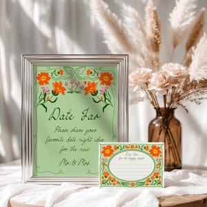 Tarjeta y letrero con idea para una noche de cita Juegos florales para despedida de soltera Frasco para citas Love in bloom Letrero Naranja Rosa Verde Despedida de soltera Tarjeta para una noche de cita