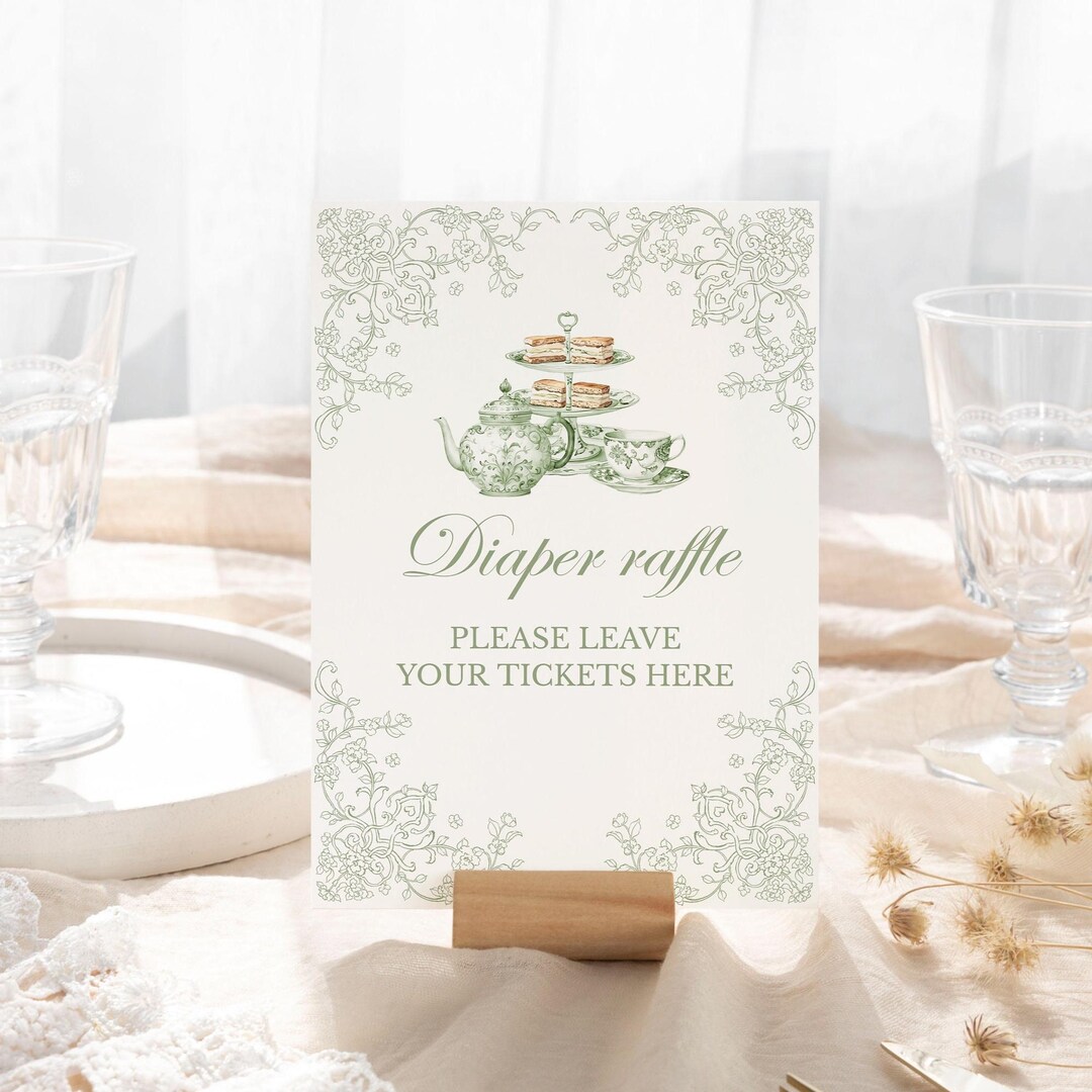 Baby Shower Diaper Raffle Sign, Chinoiserie Tea Party Decor, Sage Green ...