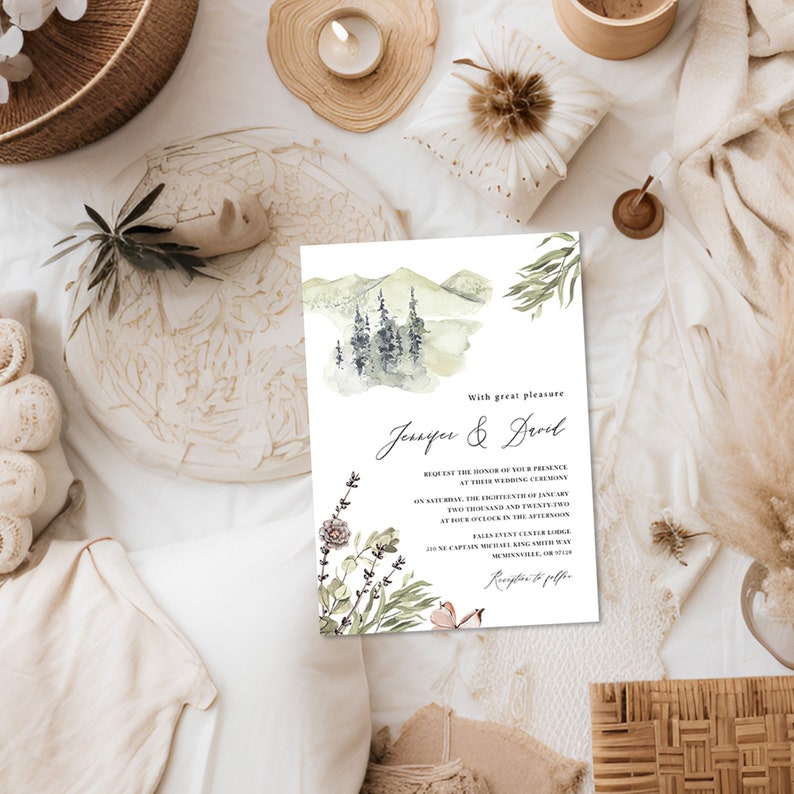 wildflower mountain wedding invitation boho forest outdoor wedding invite