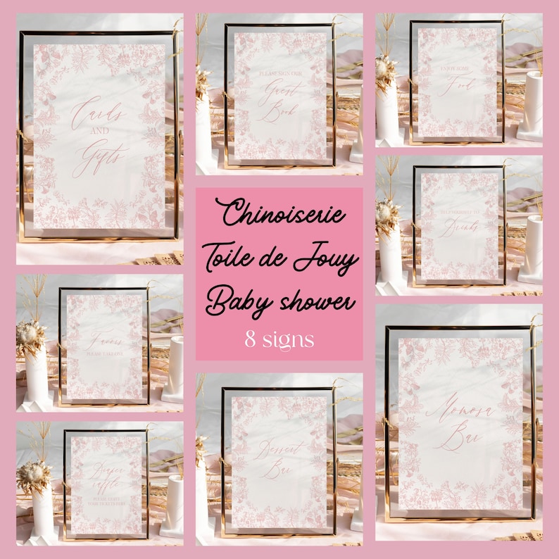 May include: Eight printable signs for a baby shower with a toile de jouy theme. The signs are in gold frames and have a pink and white floral pattern. The signs say "Cards and Gifts", "Guest Book", "Drinks", "Favor Bar", "Games", "Dessert Bar", "Advice for Baby" and "Mommy to Be".