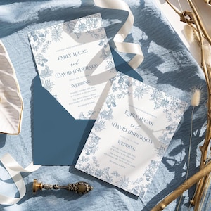 Blue Chinoiserie wedding invitation Toile wedding invite Elegant Vintage Dusty blue floral wedding invitations
