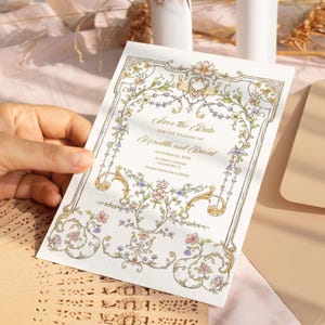 Vintage Blumen Save The Date Karte Chinoiserie Hochzeit Save the Date Vorlage, Klassisches viktorianisches Hochzeitsthema, Barock Save the date
