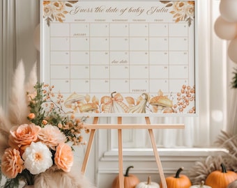 Fall Pumpkin Due date Pregnancy Calendar Sign Template, Coquette Orange Bow Floral Fall In Love Baby shower game