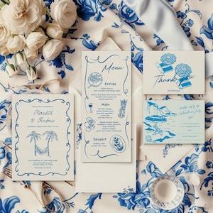 Tropical wedding invitation suite, Hand drawn beach wedding invite, summer Destination wedding, Nautical Coastal Blue palm wedding invite