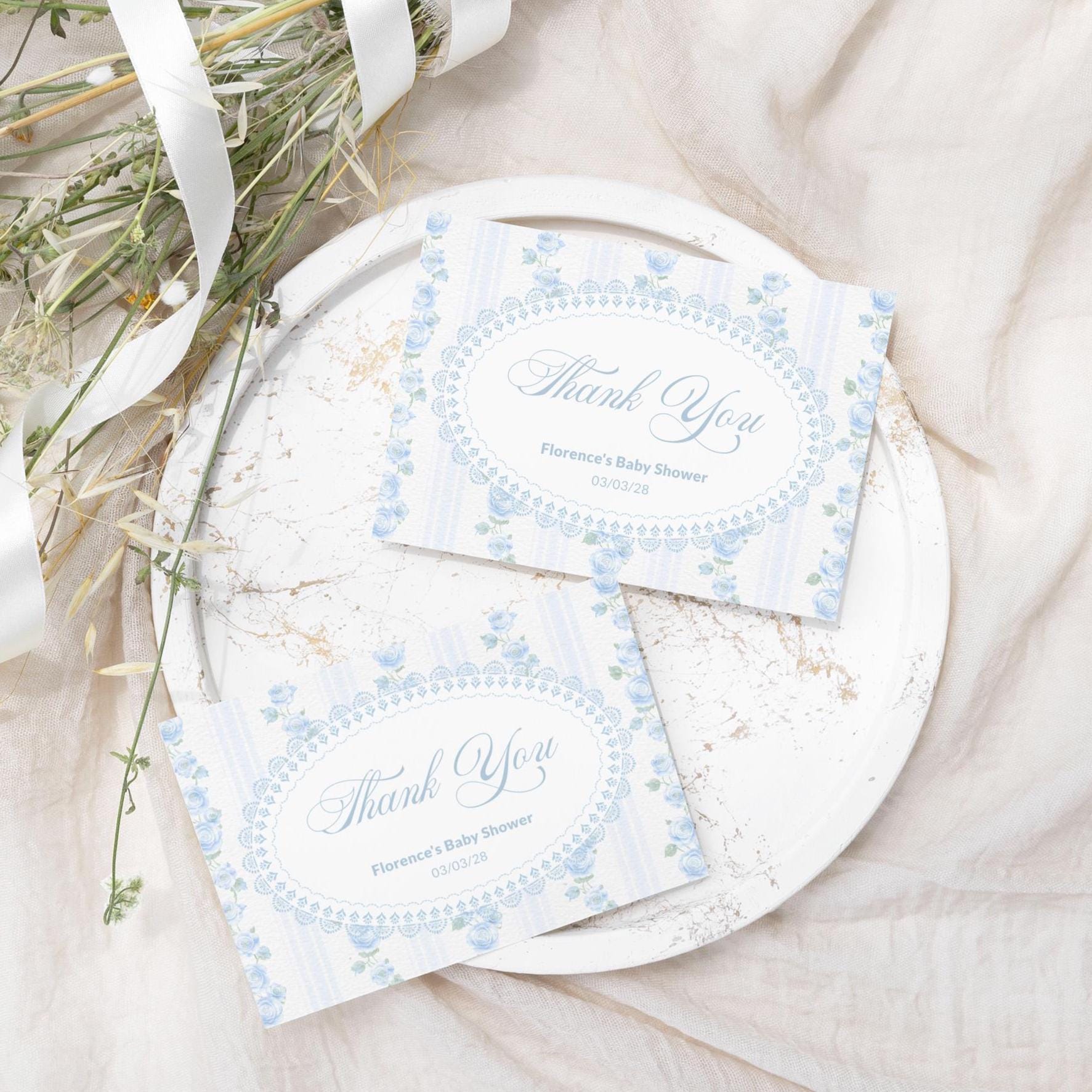 Pastel Blue Floral Thank You Card Template, Vintage Baby Shower ...