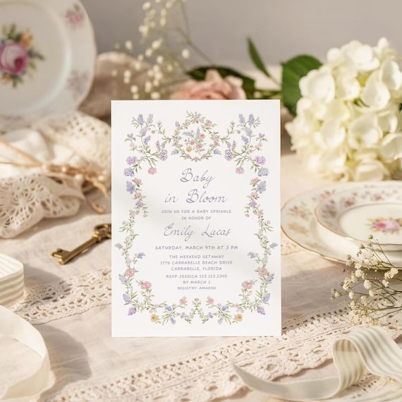 Vintage Wildflower Baby Sprinkle Invite, Baby in Bloom Pink Purple Floral Garden Party