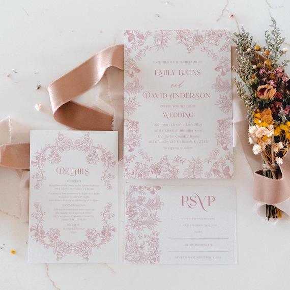 Blush Floral Regencycore Wedding Invitation | Vintage Pink Toile de Jouy Template | Antique French Chinoiserie Printable Suite
