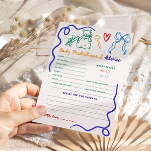 Prédictions manuscrites et carte de conseils pour bébé, noeud garçon, ours en peluche, jeux de baby shower, cartes illustrées de prédictions dessinées à la main pour bébé à imprimer