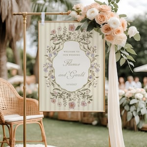 Floral Wedding Welcome Sign: Pink & Blue Wildflower Garden Party decor, Stripes signage Editable Template
