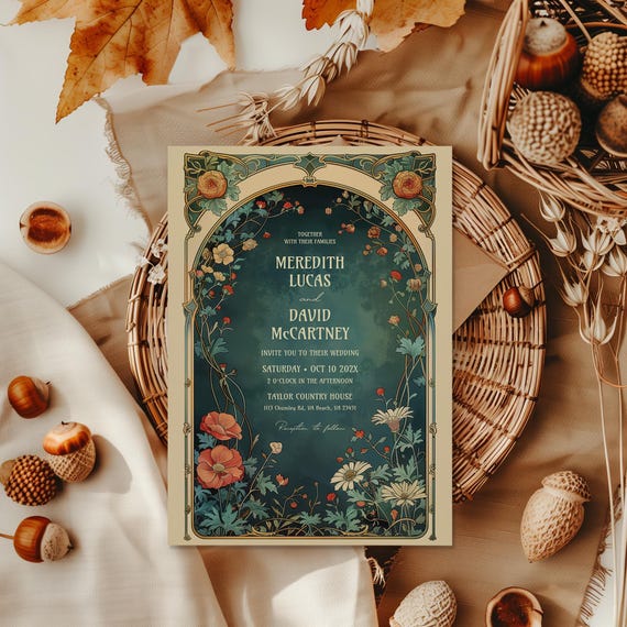 Art Nouveau Floral Wedding Invitation, Fantasy Garden party invite (Editable Template)