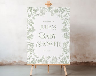 Sage Green Toile Baby Shower Welcome Sign (Editable Template)
