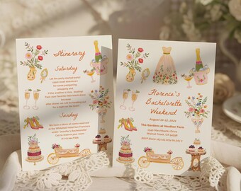 Whimsical Bachelorette Invitation, Watercolor Hand drawn Itinerary, Vintage Rustic Country Weekend