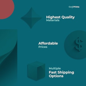 May include: A teal graphic background featuring the text Corjl Prints, Highest Quality Materials, Affordable Prices, and Multiple Fast Shipping Options. The design includes a red circle, a diamond shape, a dollar sign, and a cube in shades of teal.