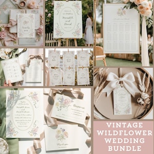 Vintage wildflower wedding invitation bundle, Spring summer Garden wedding invite, Pastel floral wedding invitations