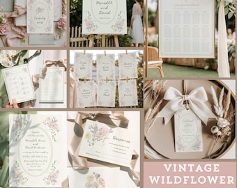 Lot de faire-part de mariage pastel fleurs sauvages : suite de modèles modifiables sur le thème du jardin floral printemps-été