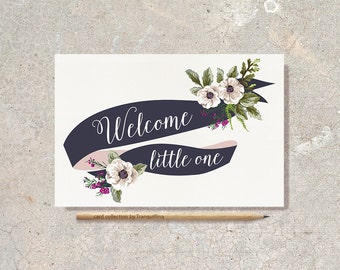 Welcome Little One Card Printable, Welcome Baby Card, New Baby Congrats Card, Baby Boy Card, Digital File, Instant Download, 4x6