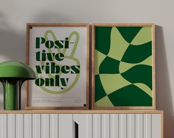 Conjunto de linhas de grade de arte de parede de positividade poster imprimível design ondulado decoração estética dormitório decoração verde pôster arte imprimível