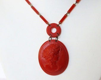 Antique Orange Celluloid Cameo Necklace/Boho/Hippie/Shabby Chic