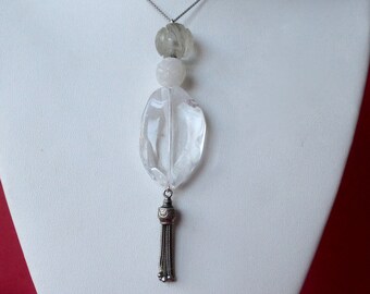 Antique Rock Crystal Pendant Necklace With Sterling Silver Tassel  & Chinese Carved Beads/Boho/Shabby Chic