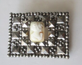 Antique Cut Steel Shell  Cameo Pin/Brooch