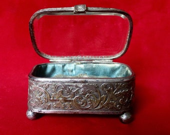 Antique Small French Bronze 19th Century Jewelry Box With Original Green Silk Covered Cushion & Lining
