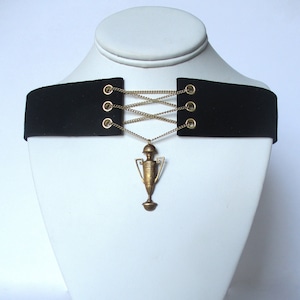 Corset Choker Necklace  With Antique Brass Amphora  Pendant