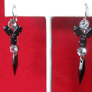 Pair of Antique Sterling Silver French Jet Earrings With Clear Paste Stones