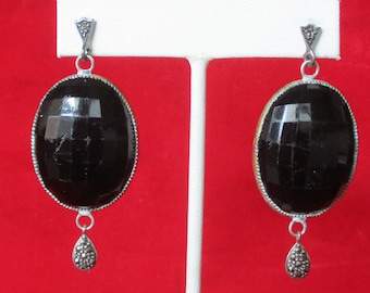Antique Art-Deco Faceted French Jet (Black Glass) Earrings With Sterling Marcasite Posts & Drops