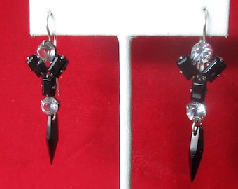 Pair of Antique Sterling Silver French Jet Earrings With Clear Paste Stones