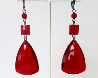 Pair of Vintage 3-Inch Deep Red Lucite Earrings