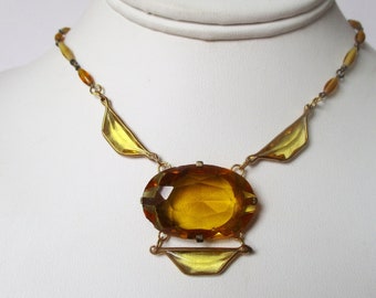 Antique Art-Deco Yellow Crystal Pendant Choker Necklace