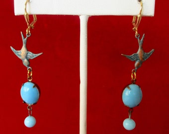 Pair of Vintage Turquoise Bead & Brass Swallow Earrings