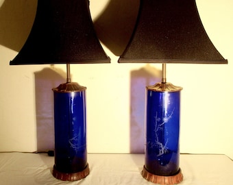 Antique 19th C. Chinese Export Hand-Etched Cobalt Blue Glass Lamps