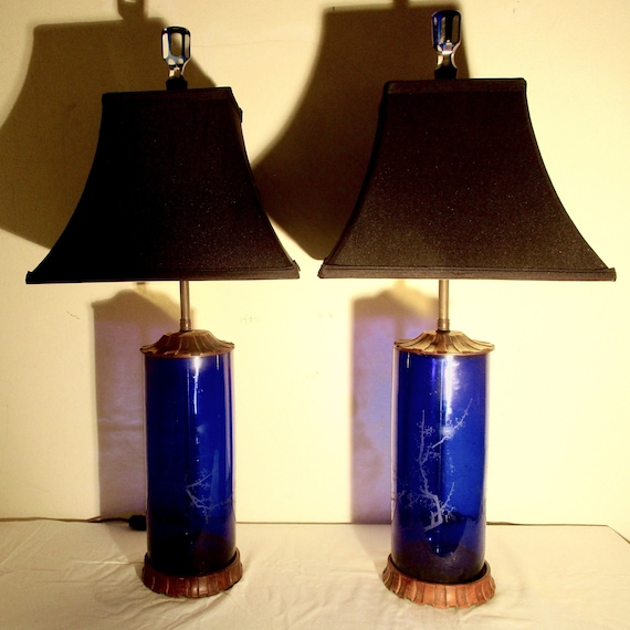 Antique 19th C. Chinese Export Hand-Etched Cobalt Blue Glass Lamps