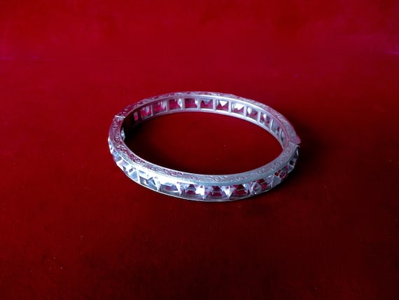 Antique Art-Deco Sterling Silver Extra Wide (3/8") Clear Paste Hinged Bangle Bracelet