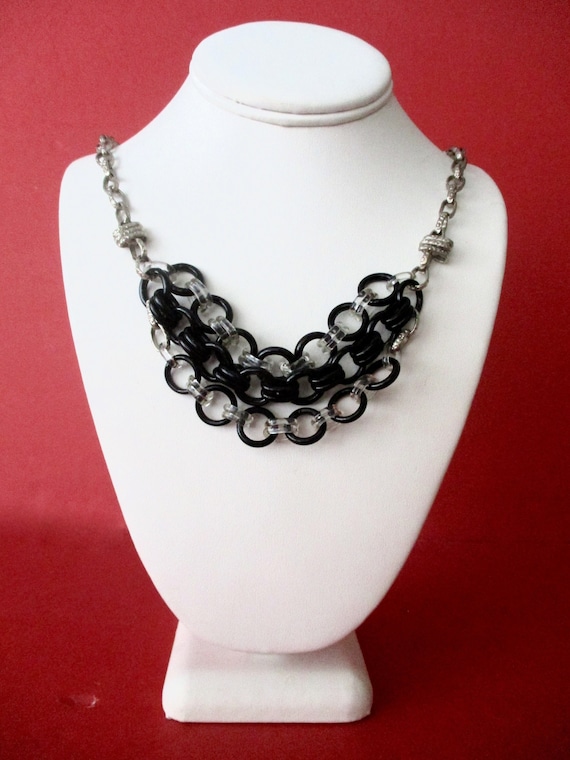 Vintage Clear & Black Glass Silver Tone Necklace/B