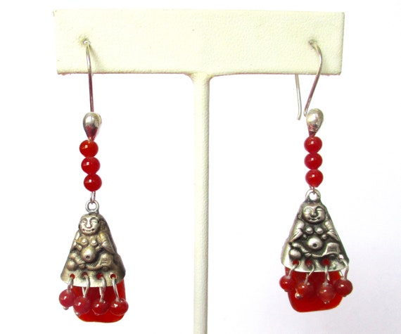 Pair of Antique Silver & Carnelian Glass Chinese Earrings/Boho