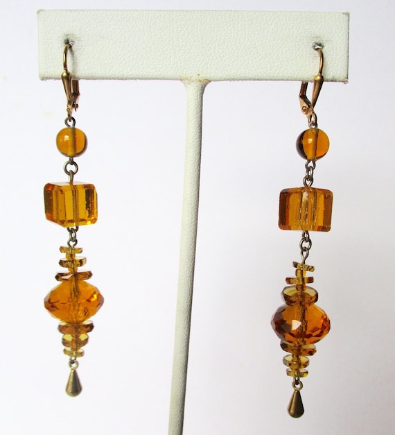 Pair of 3-Inch  Art-Deco Yellow Crystal Earrings