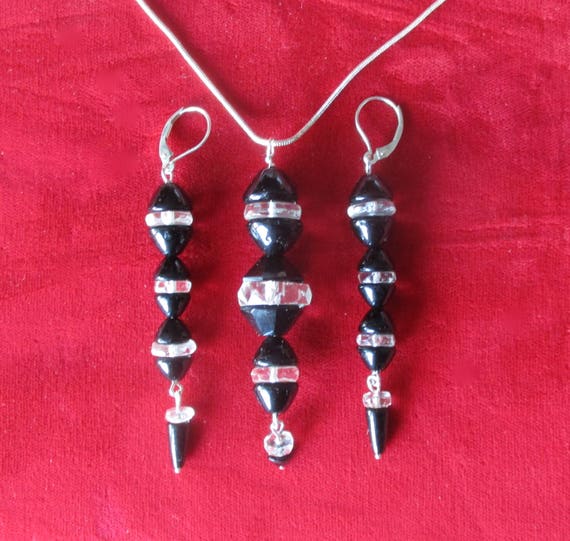Jewelry Set: Vintage French Jet & Crystal Rondelle  Necklace With Matching Earrings