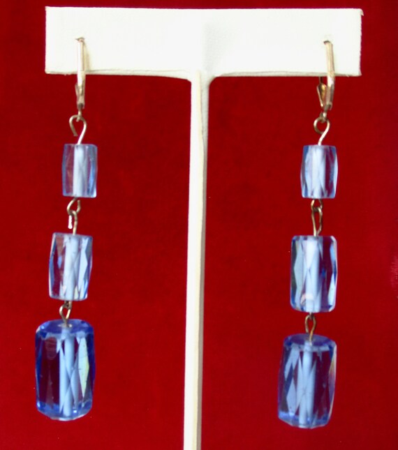 Pair of Deco Faceted Cylindrical Blue Crystal Ear… - image 6