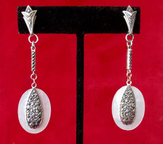 Pair of Vintage Sterling Silver, Marcasite, & Mother of Pearl Earrings/Wedding/Hippie/Boho