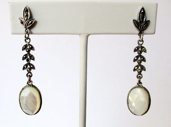 Pair of Vintage Faceted Mother-of-Pearl, Sterling Silver, Marcasite Dangle Earrings/Wedding/Boho/Hippie