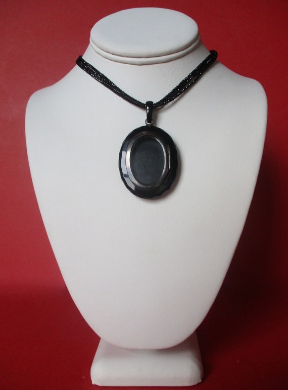 Antique Victorian Whitby Jet Locket With Triple Strand Spinel Bead Choker/Necklace
