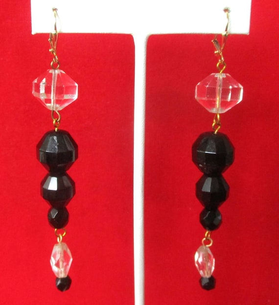 Pair of Art-Deco French Jet & Clear Crystal Bead  Earrings With Brass Wires